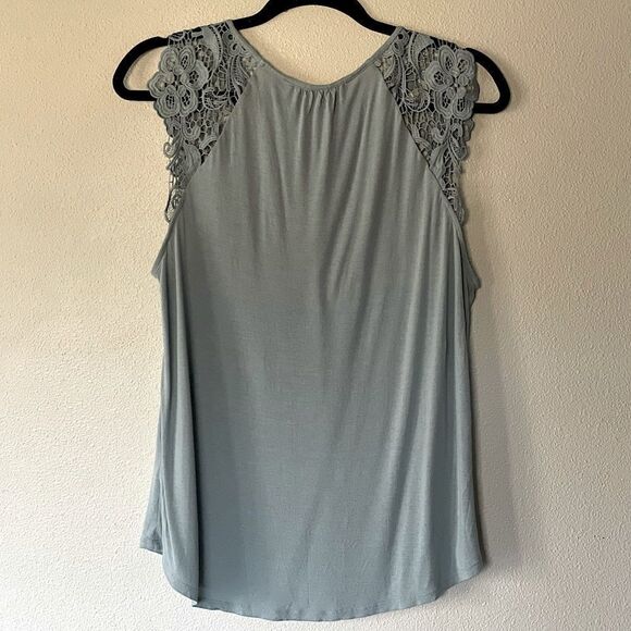 H&M Light Sage, Short-Sleeve Top with Lace Shoulder Detail. Size Large. - Picture 2 of 4